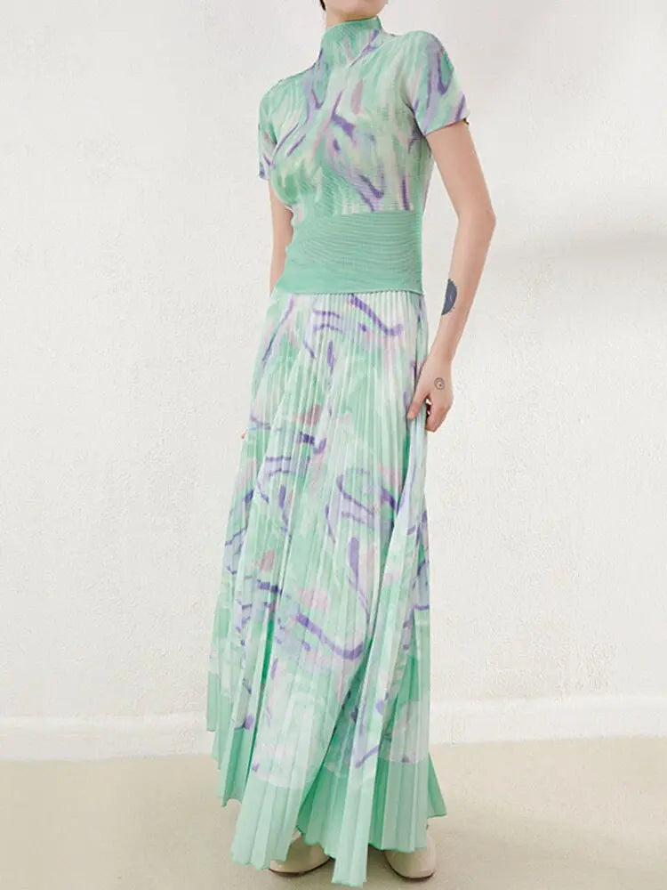 Two Pieces Pleated Set Women Turtleneck Short Sleeve T Shirt Long Loose Skirts Retro Sets Female Elegant Clothing eprolo