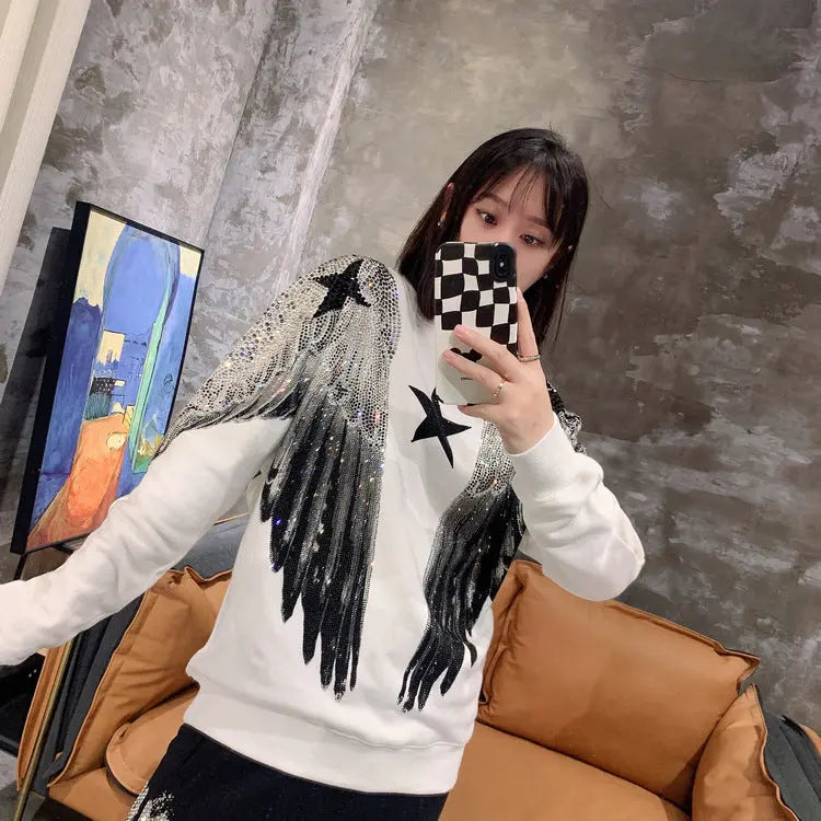 Autumn and winter luxury fashion hoodie for men and women, heavy-duty hot stamping, full diamond, large wings, wings, round neck pullover, couple style eprolo