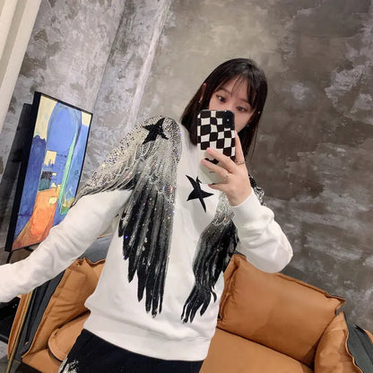 Autumn and winter luxury fashion hoodie for men and women, heavy-duty hot stamping, full diamond, large wings, wings, round neck pullover, couple style eprolo