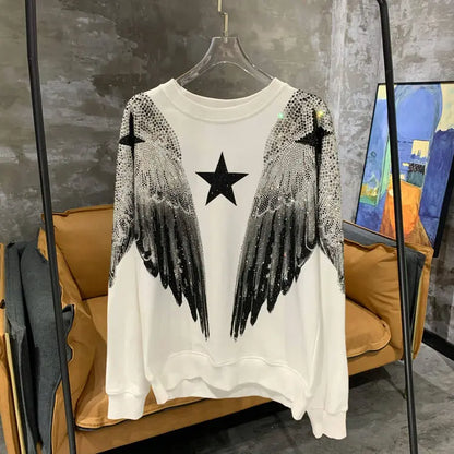 Autumn and winter luxury fashion hoodie for men and women, heavy-duty hot stamping, full diamond, large wings, wings, round neck pullover, couple style eprolo