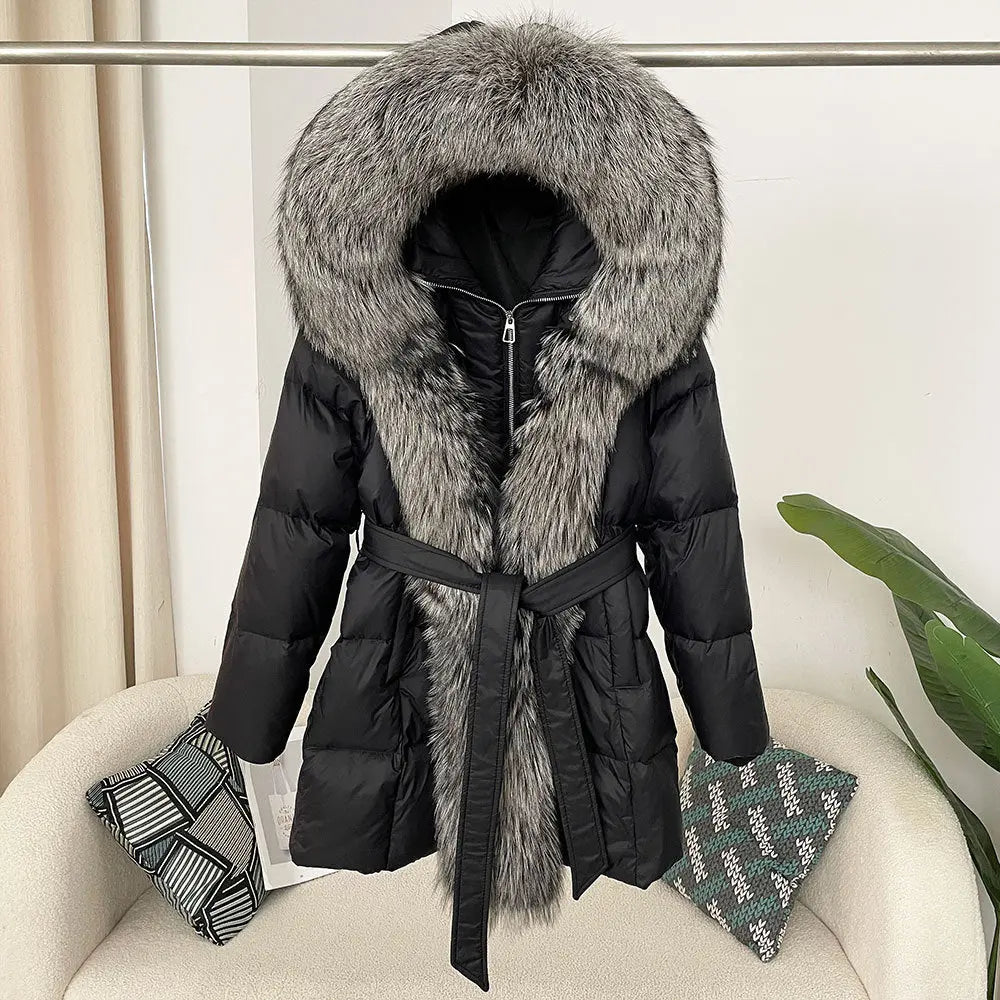 Hooded down jacket women's fox fur collar eprolo