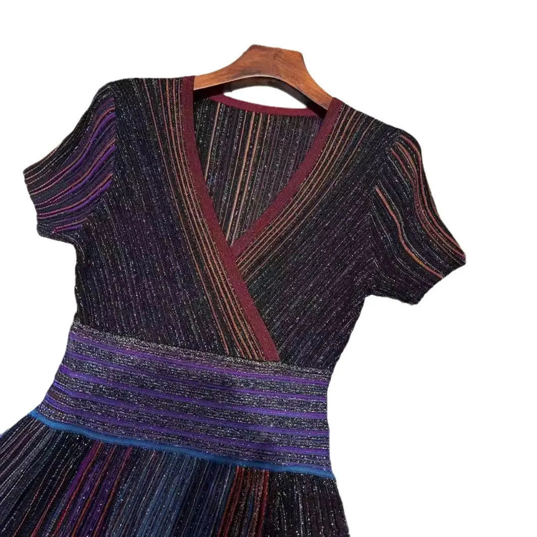 Nanyou Summer Gradient Color Striped Long Skirt Temperament Commuting Pleated Skirt Waist Knitted Elastic Dress eprolo