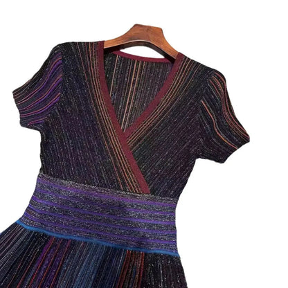 Nanyou Summer Gradient Color Striped Long Skirt Temperament Commuting Pleated Skirt Waist Knitted Elastic Dress eprolo