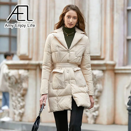 Medium Length Temperament Slim Down Jacket Women's New Suit Collar Waist Cotton Jacket eprolo