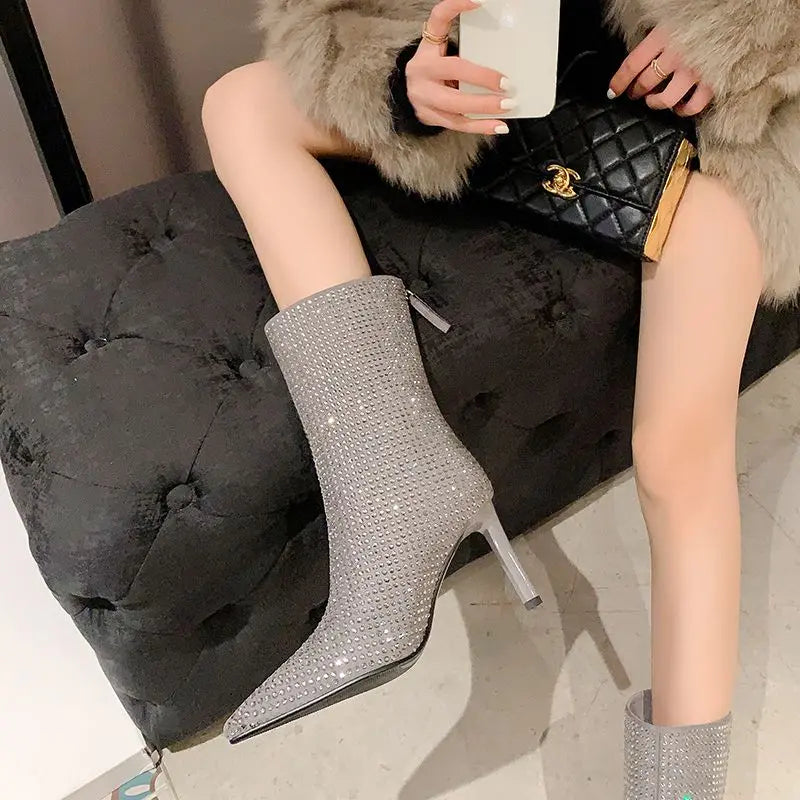 Women's Rhinestone High Heel Booties Fall New Pointed Toe Mid Boots 8.5cm High Heel Black Rhinestone Side Zipper Boots Size 39 eprolo