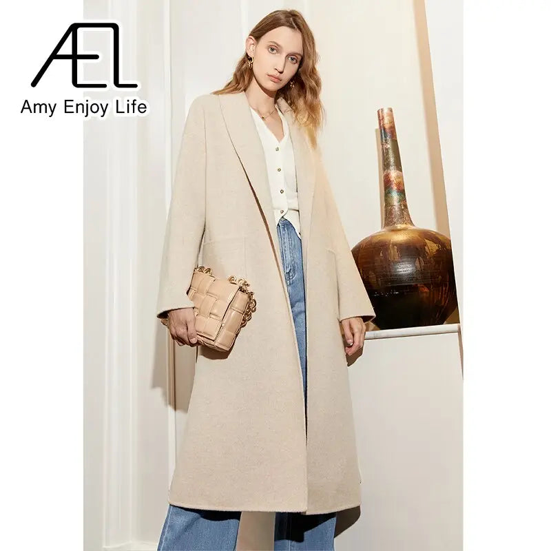 Wool Slim Fit Coat Autumn and Winter New Medium Long Lace up Vintage Slouchy Woolen Coat eprolo