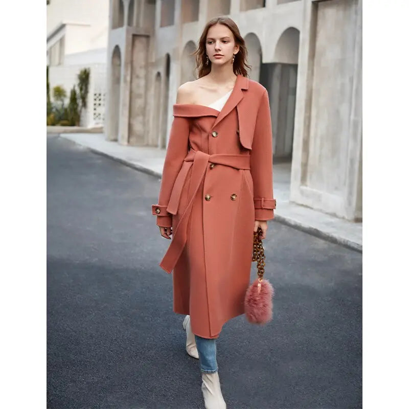 Double Woolen Woman's Upmarket Coat One Shoulder Overcoat Female New Fashion Temperament Women's Popular Woolen Coat eprolo