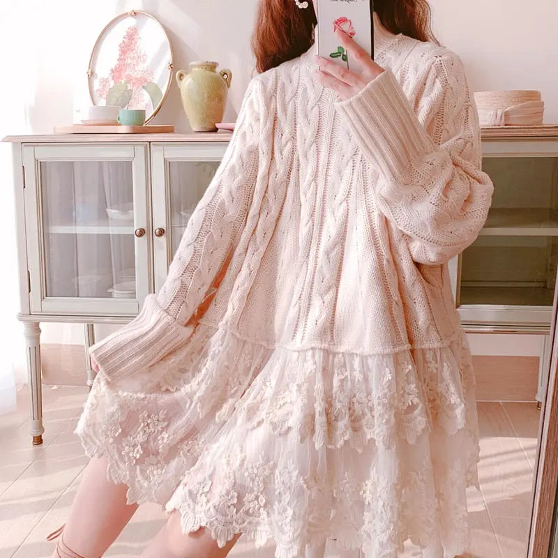 Original Japanese Sweet Spell Bud Silk Gauze Lazy Style Fried Dough Twist Knitting Sweater Pullover Loose Medium Length eprolo