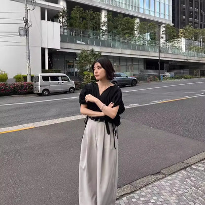 Fashionable French lazy and relaxed one-piece temperament shirt V-neck slimming top eprolo