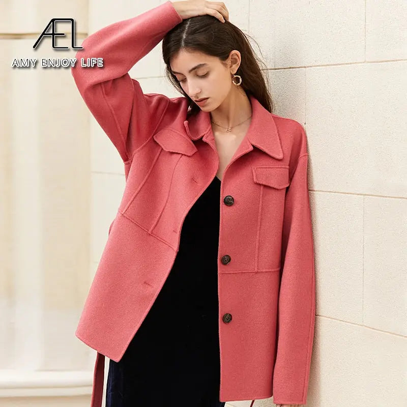 100% Wool Woolen Coat With Belt Spring Autumn Jacket For Women Solid With Scarf Warm Fashion Streetwear eprolo