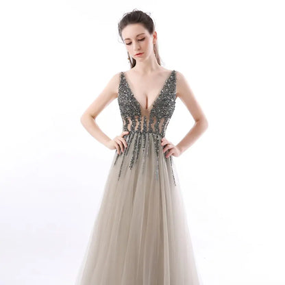 Sexy Side Split Prom Dresses  Deep V-Neck Backless Beads Crystal Party Gowns Sleeveless Sweep Train Cheap Tulle Party Dress eprolo