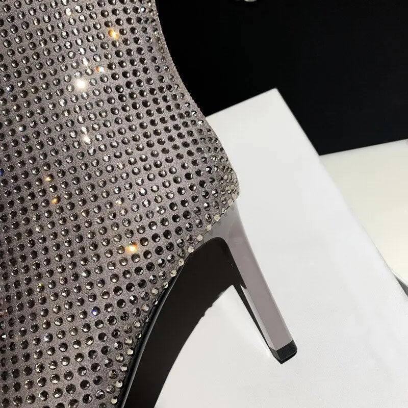 Women's Rhinestone High Heel Booties Fall New Pointed Toe Mid Boots 8.5cm High Heel Black Rhinestone Side Zipper Boots Size 39 eprolo