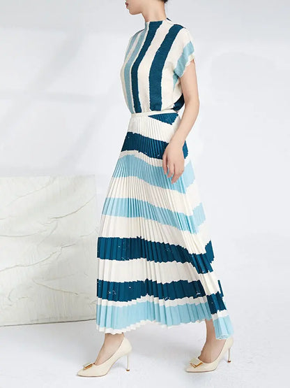 Elegant Pleated 2 Pieces Set Women's Printed Striped Turtleneck Short Sleeves Slim Tops High Waist Fold Skirts eprolo