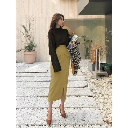 Gray fashion leather skirt female autumn and winter khaki white high waist one step skirt package hip half-length long skirt eprolo