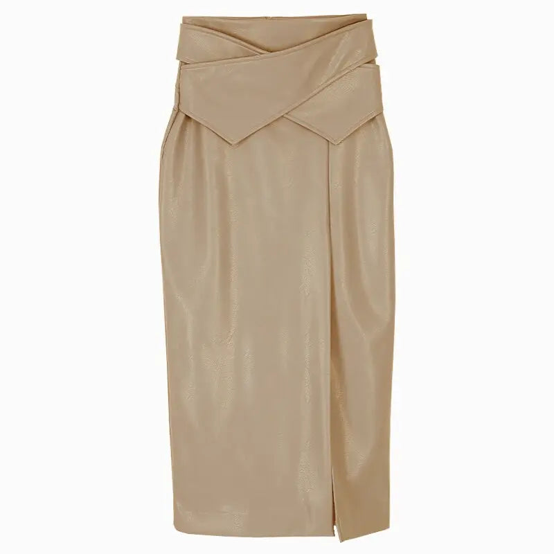 Gray fashion leather skirt female autumn and winter khaki white high waist one step skirt package hip half-length long skirt eprolo