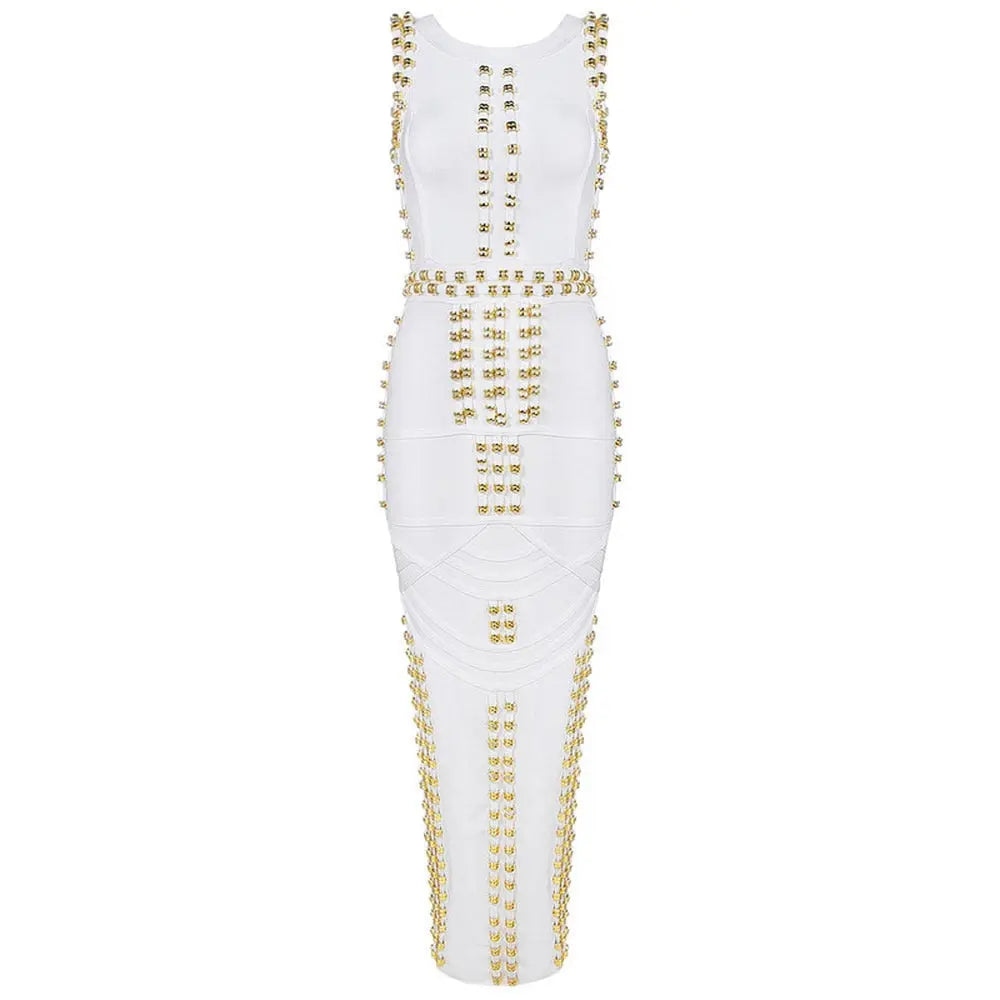 White Sleeveless Metal Ring Adorn Women's Bodycon New Fashion Midi Calf Bandage Dress eprolo