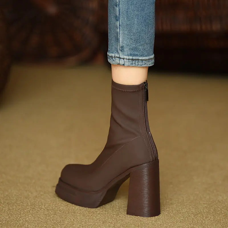 Elastic Slim Boots Thick Heel Short Boots Women's New High Heel Shoes Autumn Winter Thick Sole Square Head Women's Boots eprolo