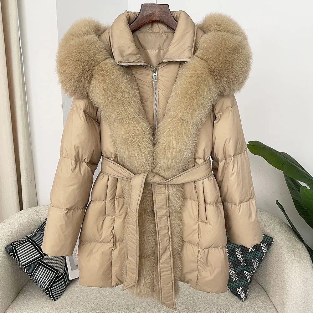 Hooded down jacket women's fox fur collar eprolo