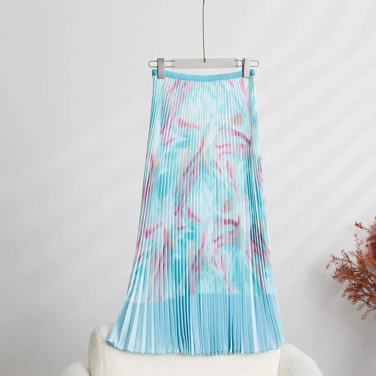 Fashion Print Pleated 2 Pieces Set Women's Round Neck Long Sleeves Slim Top High Waist Spliced Female Clothes eprolo