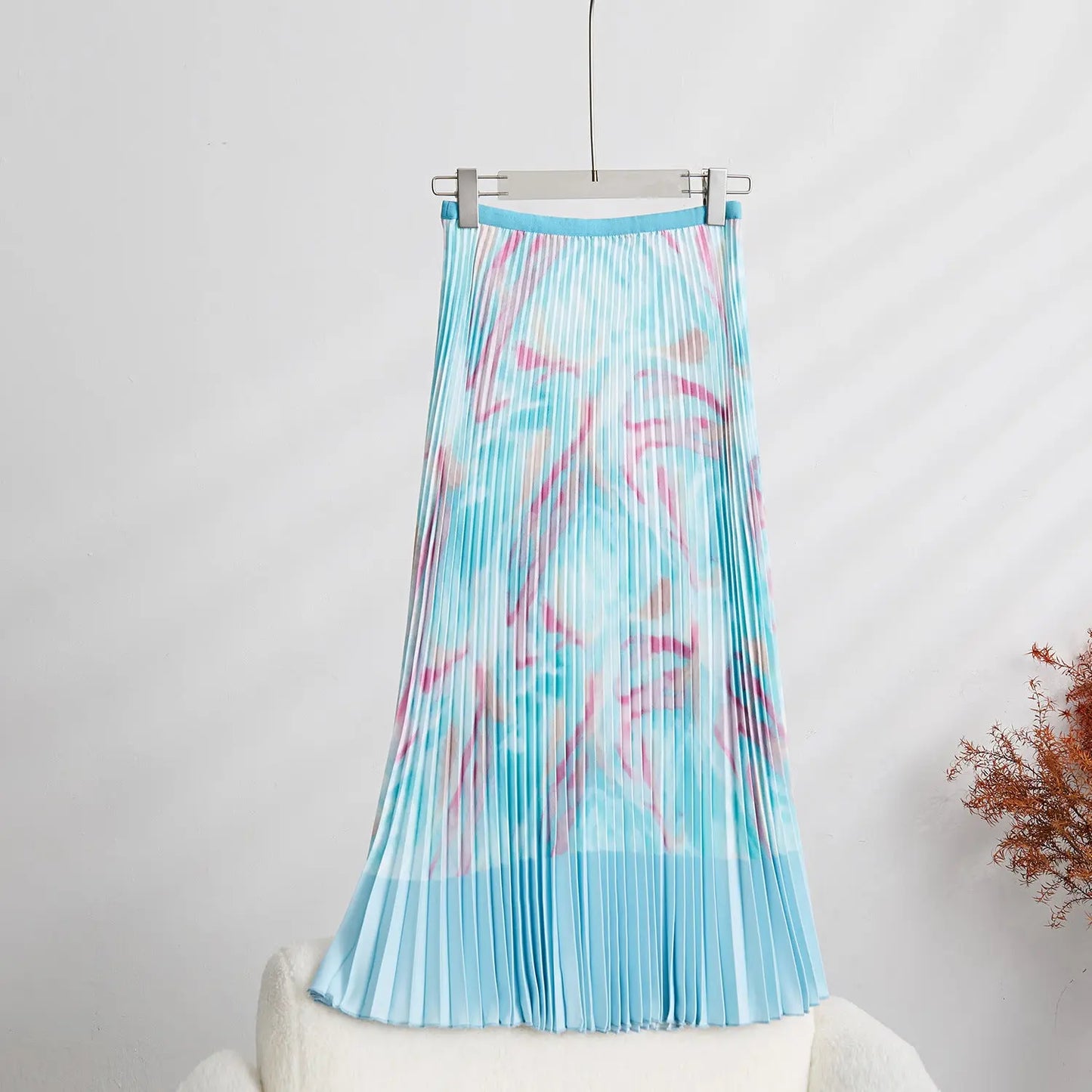 Fashion Print Pleated 2 Pieces Set Women's Round Neck Long Sleeves Slim Top High Waist Spliced Female Clothes eprolo