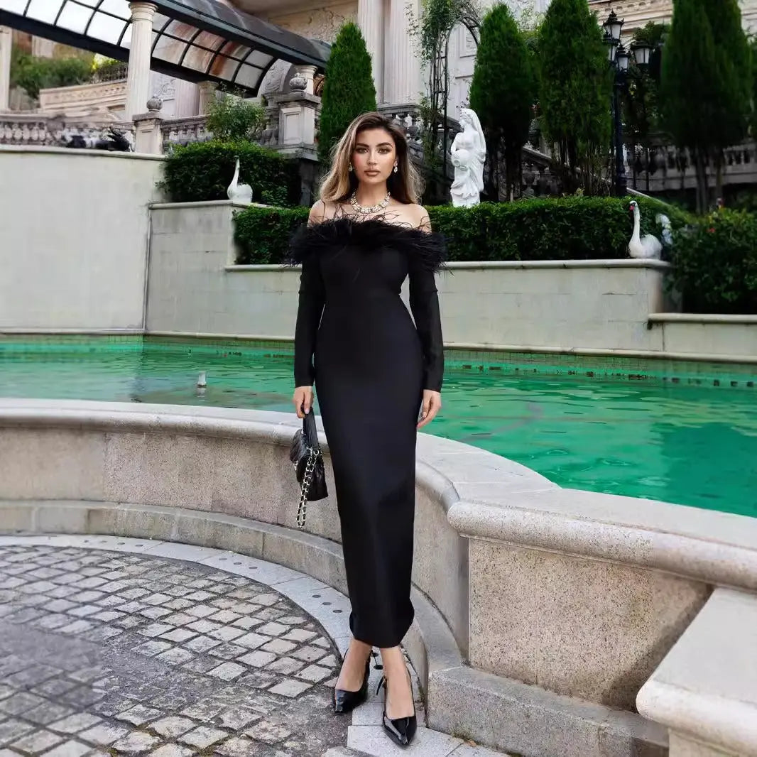 Sexy One Word Hairy Neck Dress for Wearing Outside and Wearing Inside with Hip Wrapping Dress and Bandage Dress eprolo