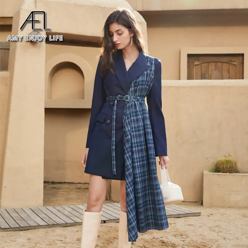 Autumn And Winter Slimming Waistband Splicing A-Line Dress Female New V-Neck Suit Skirt eprolo