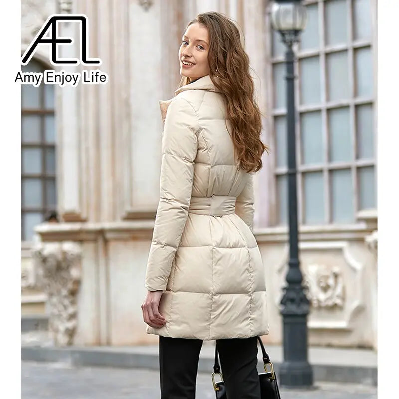 Medium Length Temperament Slim Down Jacket Women's New Suit Collar Waist Cotton Jacket eprolo