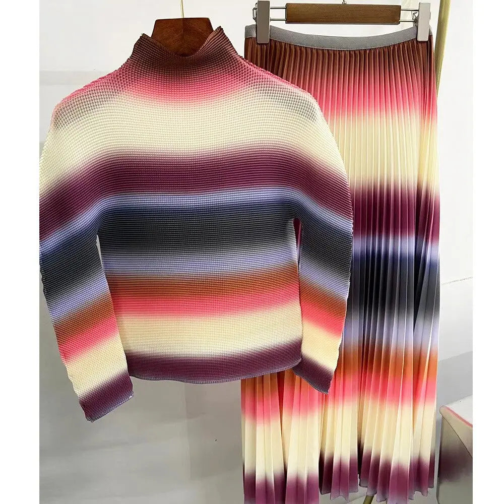 Long Halfskirt Set Women's Fashion Women's Spring New Long Sleeve Pleated T-shirt Pleated Skirt Two Piece Set eprolo