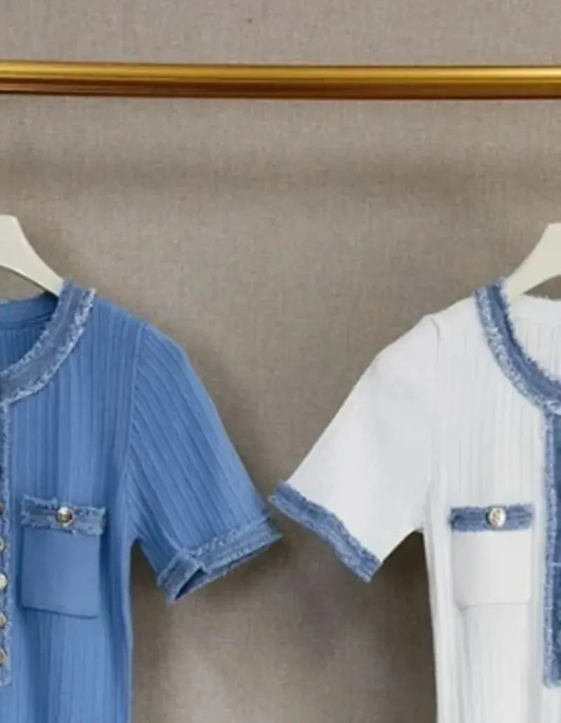 Elastic slim fit round neck button up long knit dress eprolo