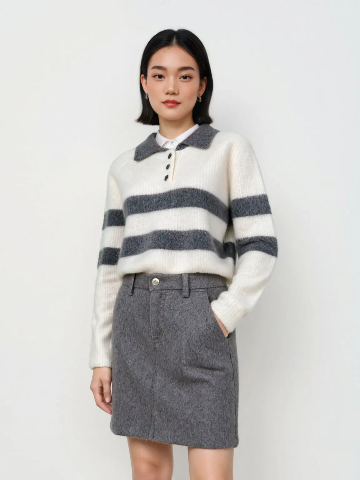 Polo Collar Striped Colorblock Wool Fleece Sweater Women's Loose Fit All-Match Crew Neck Knit Top eprolo