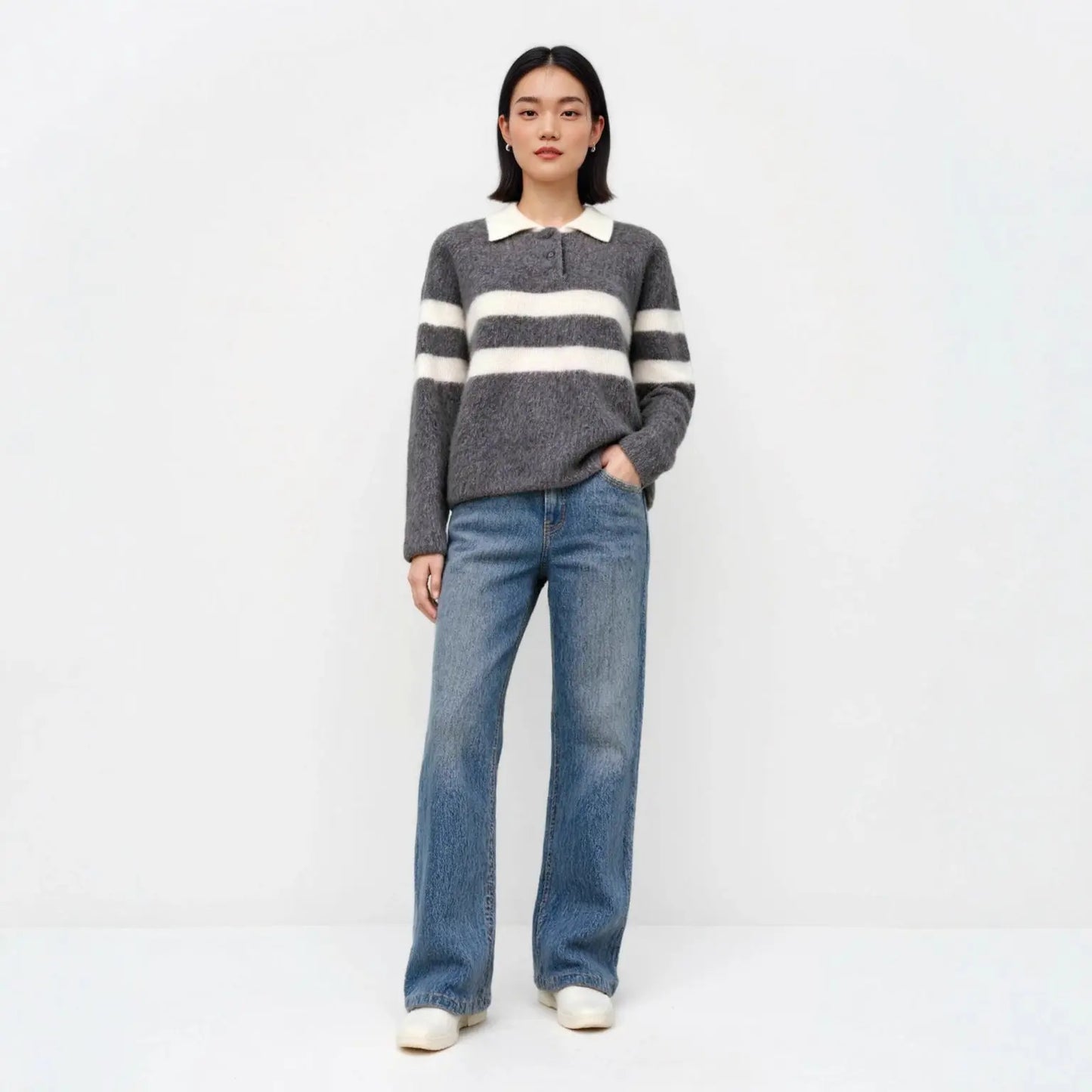 Polo Collar Striped Colorblock Wool Fleece Sweater Women's Loose Fit All-Match Crew Neck Knit Top eprolo
