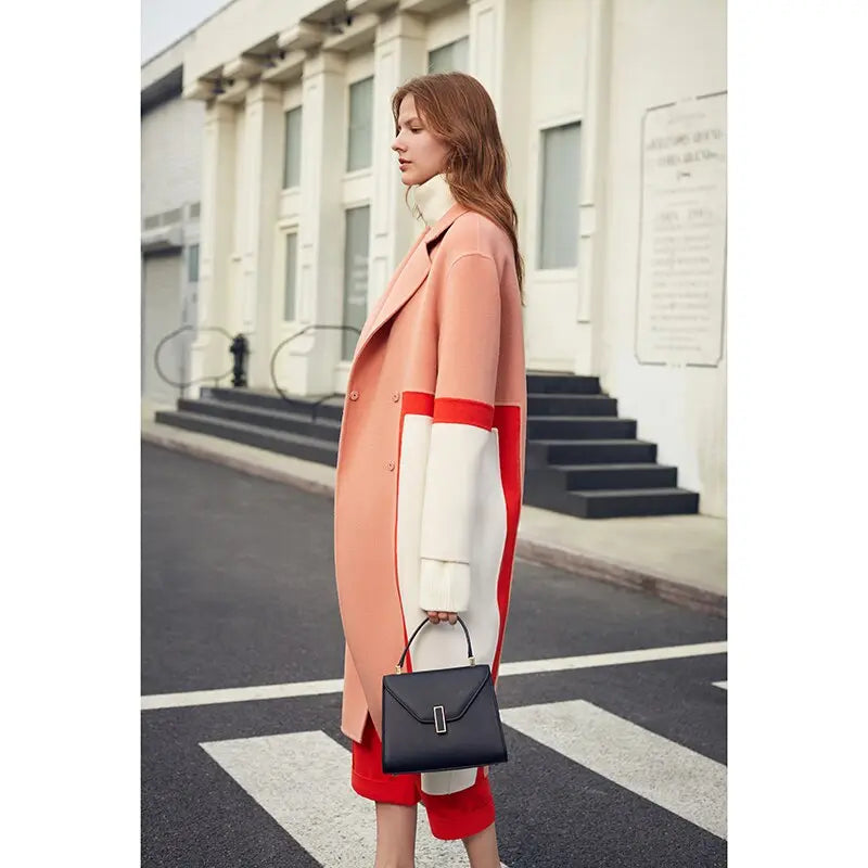 Show High Stitching Collision Color Niche Design Sense Double-Sided Wool Long Coat Female Winter eprolo
