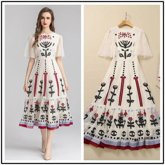 Women's Round Neck Retro Mesh Stitching Embroidery Embroidered Dress Short Sleeve Temperament Slim Midi Skirt eprolo