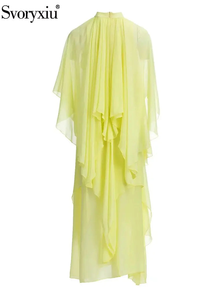 Runway Summer Bohemian Dress Women's Stand collar Butterfly Sleeve Draped High waist Asymmetrical Rose Red Maxi Dresses eprolo