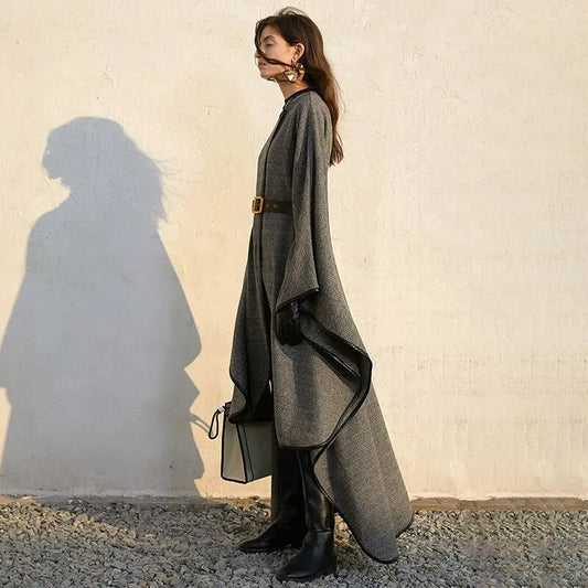 Loose Patchwork Wool Jacket For Women O Neck Batwing Sleeve Casual Solid Cloak Coat Female Fashion New eprolo