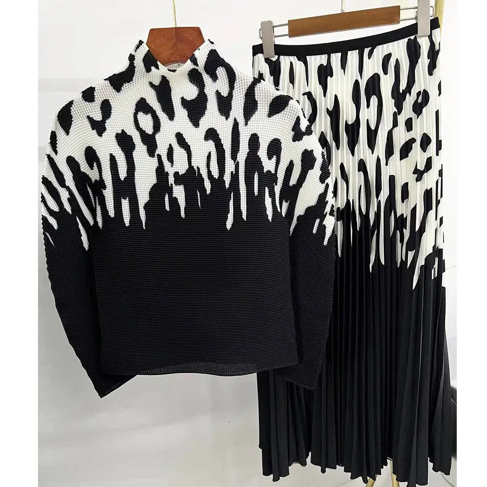 Long Halfskirt Set Women's Fashion Women's Spring New Long Sleeve Pleated T-shirt Pleated Skirt Two Piece Set eprolo