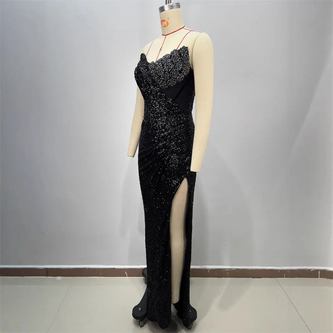 Spring and Summer New Women's Off-the-Shoulder Sequined Sexy Evening Dress Halter Sequined Sleeveless Party Dress Long Skirt eprolo
