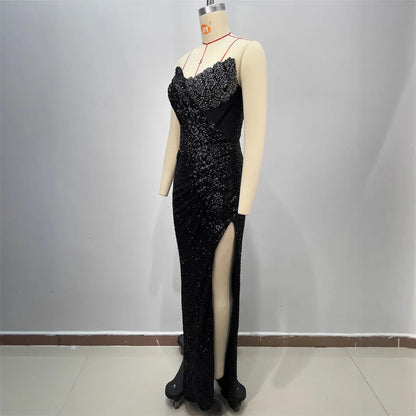 Spring and Summer New Women's Off-the-Shoulder Sequined Sexy Evening Dress Halter Sequined Sleeveless Party Dress Long Skirt eprolo
