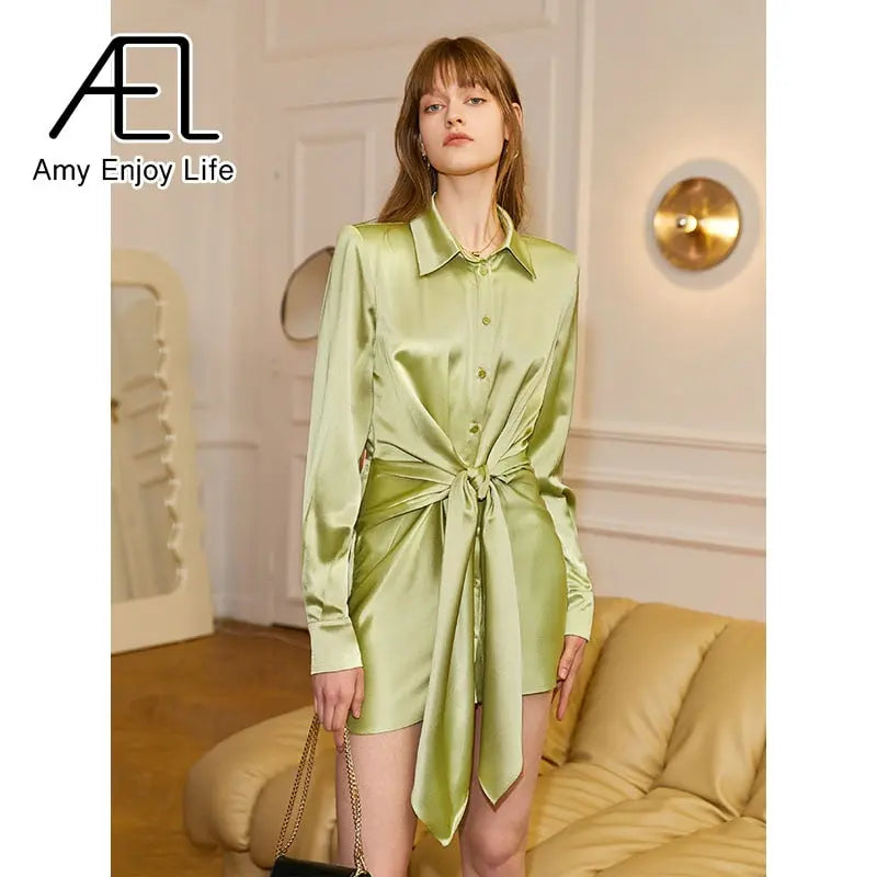 AEL New Women Satin Shirt Mini Dress Summer Casual Loose Elegant Party Belt One Piece Clothes Vestidos Streetwear eprolo