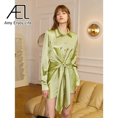 AEL New Women Satin Shirt Mini Dress Summer Casual Loose Elegant Party Belt One Piece Clothes Vestidos Streetwear eprolo