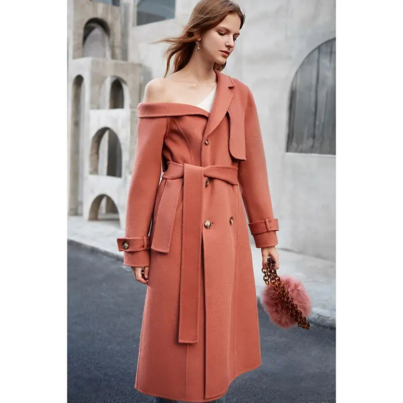 Double Woolen Woman's Upmarket Coat One Shoulder Overcoat Female New Fashion Temperament Women's Popular Woolen Coat eprolo