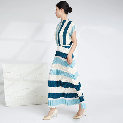 Elegant Pleated 2 Pieces Set Women's Printed Striped Turtleneck Short Sleeves Slim Tops High Waist Fold Skirts eprolo