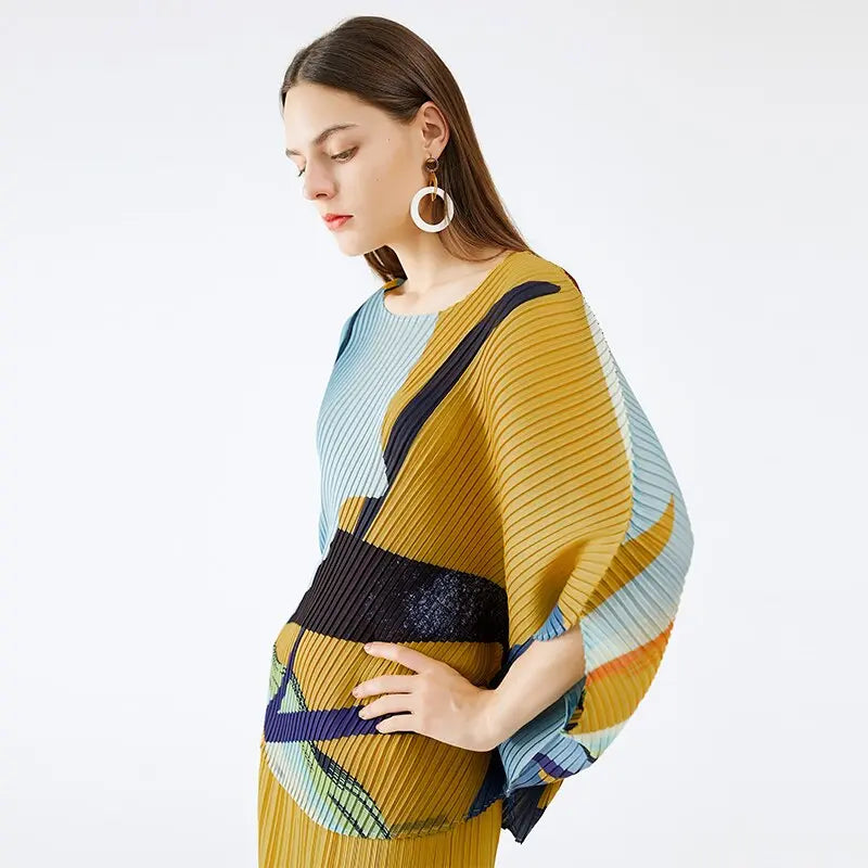 fall  women trendy casual Ocean printing crewneck top bat sleeve top Korean style Three Quarter sleeve T-shirt plus size eprolo