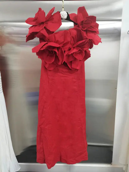 French Sexy One-Shoulder Dress with Floral Patchwork and Waist-Cinching Long Length eprolo