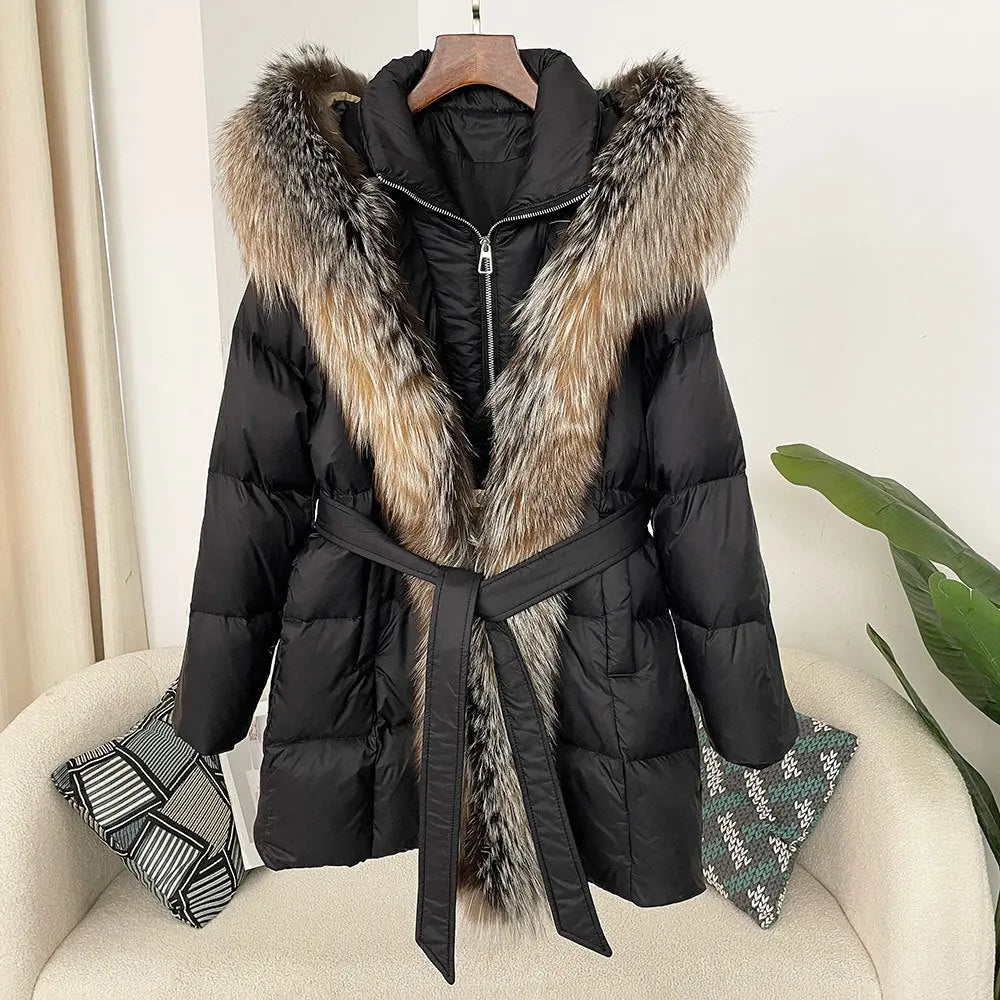 Hooded down jacket women's fox fur collar eprolo