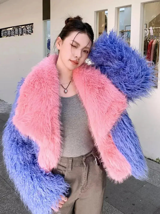Autumn And Winter Unique Design Blue Pink Contrasting Color Faux Fur Coat Women's Imitation Beach Sheep Woolen Short Jacket eprolo