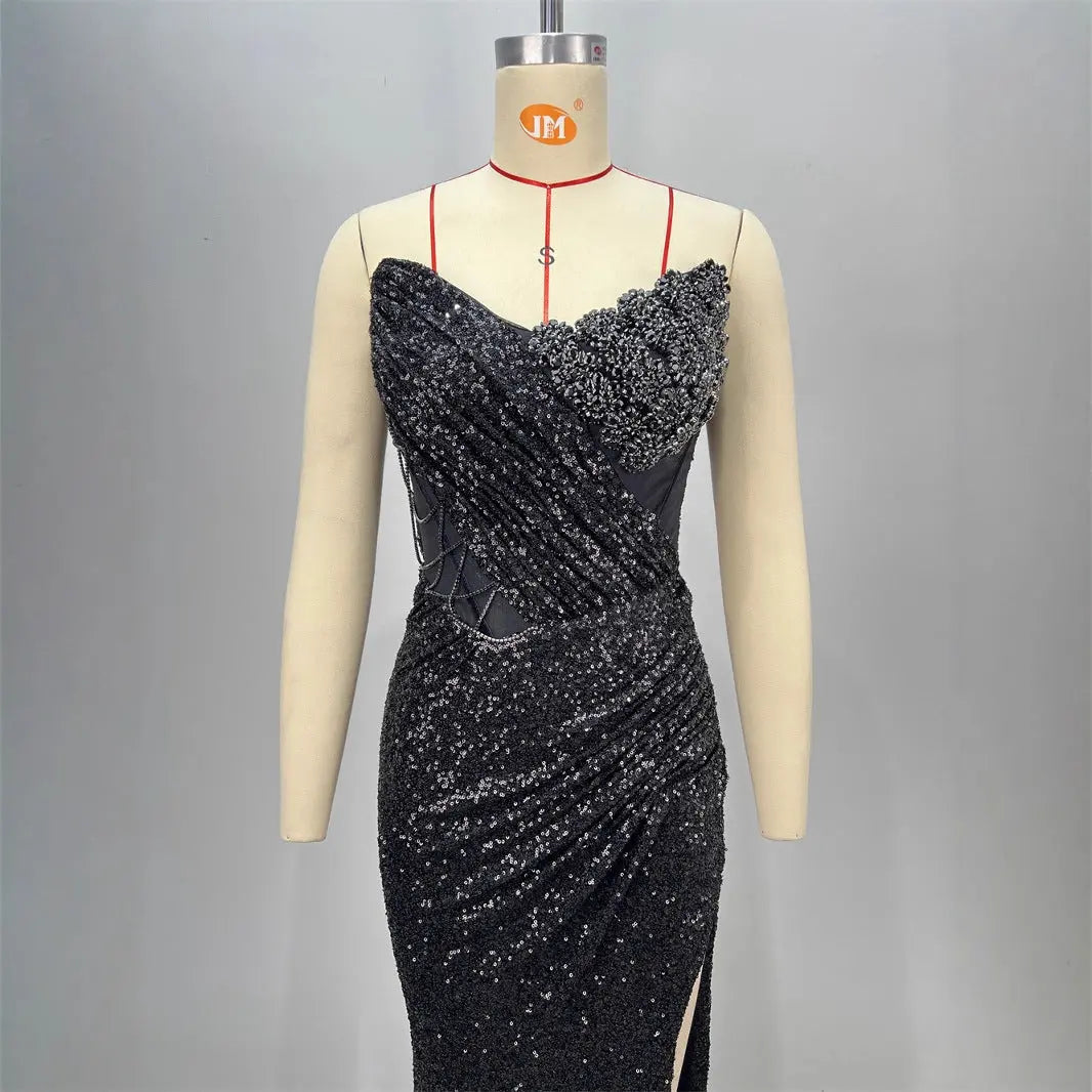 Spring and Summer New Women's Off-the-Shoulder Sequined Sexy Evening Dress Halter Sequined Sleeveless Party Dress Long Skirt eprolo