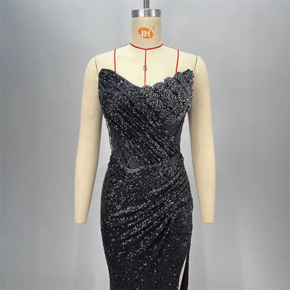 Spring and Summer New Women's Off-the-Shoulder Sequined Sexy Evening Dress Halter Sequined Sleeveless Party Dress Long Skirt eprolo