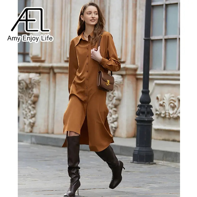 AEL Elegant Women Autumn Lapel Neck Long Shirt Dress Asymmetry Robe Femme Streetwear eprolo