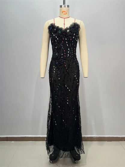 Shiny Sequin Evening Dress Long V-neck Waist-tightening Fitted Dress Mermaid Long Dress Women eprolo